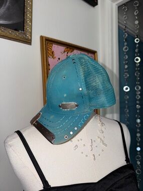 Y2K Distressed Teal Mesh Trucker Hat with Metal Plaque